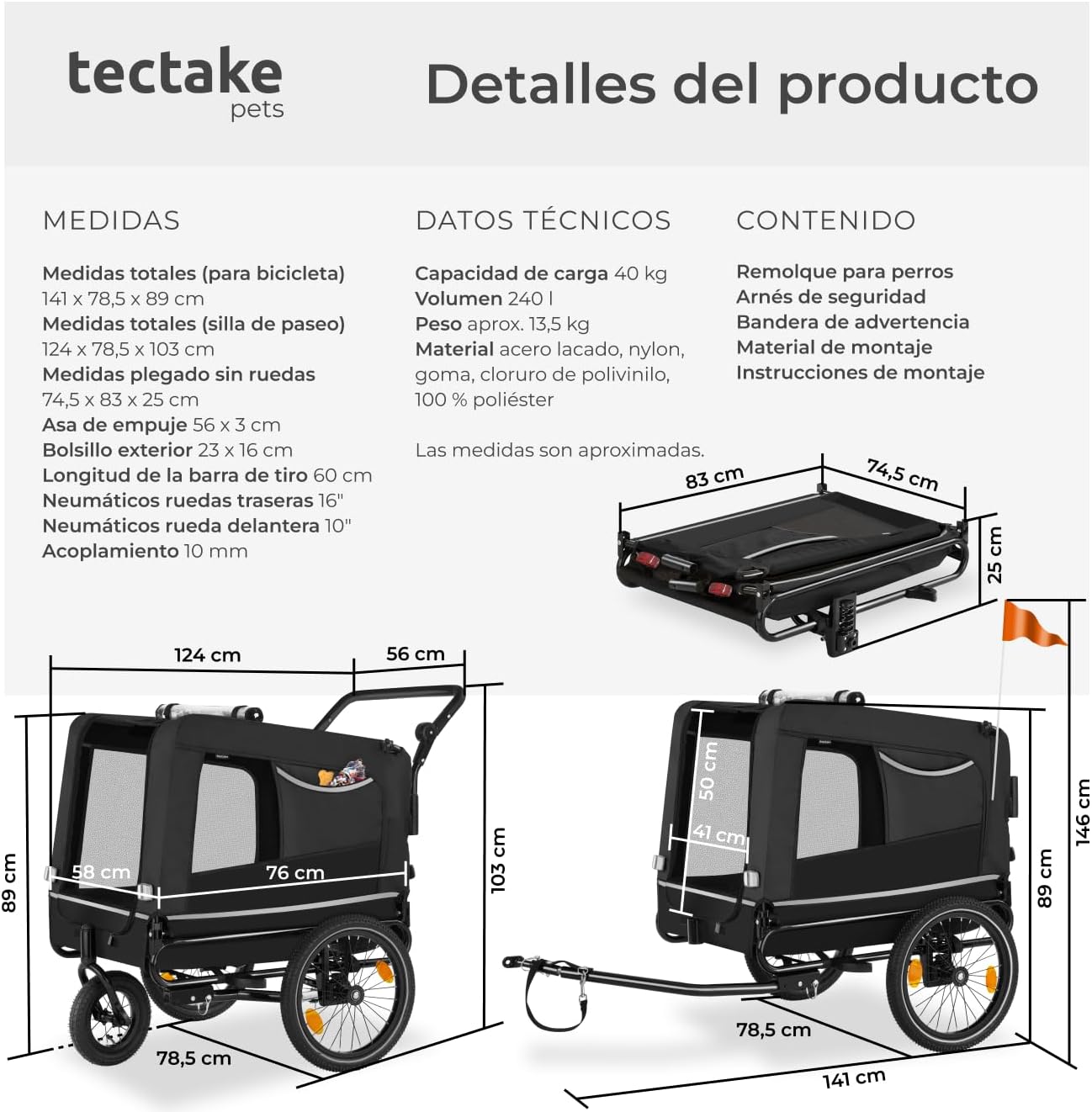 Thumbnail 5 de tectake Remolque Bicicleta Perros 240L