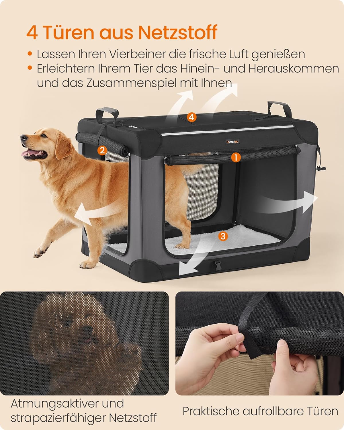 Detalle de Feandrea faltbare Hundebox 91,4 cm: Transportbox für große Hunde (bis 35 kg) mit 4 Netztüren, Oxford-Gewebe