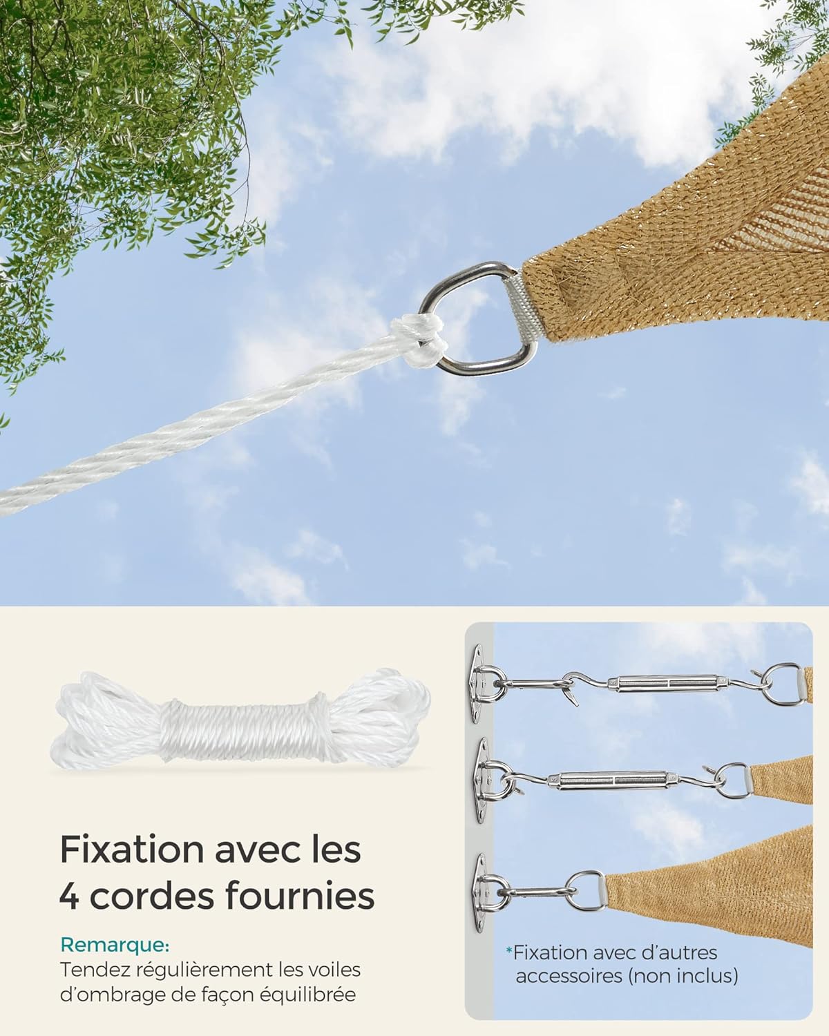 Thumbnail 6 de SONGMICS Voile d’Ombrage 3 x 4 m en HDPE, respirant et perméable à l’eau (jaune sable) GSS34EYV1