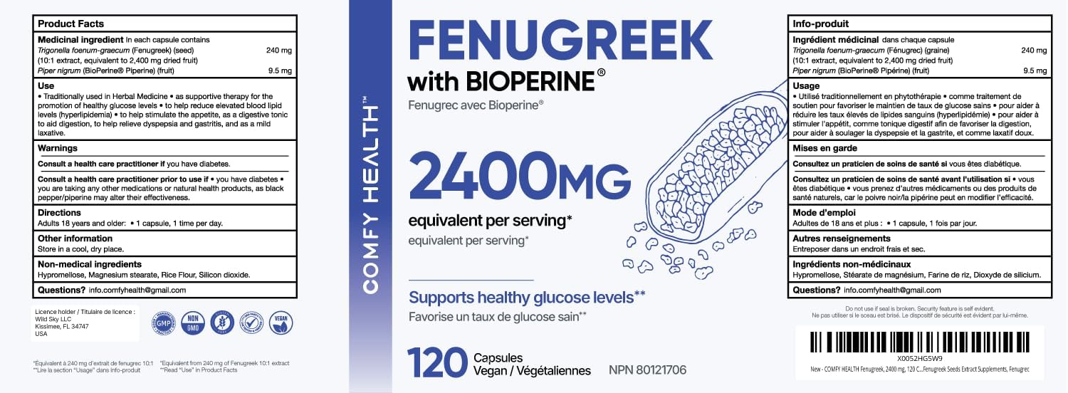 Detalle 1 de COMFY HEALTH Fenugreek with BioPerine, 2,400 mg, 120 Capsules