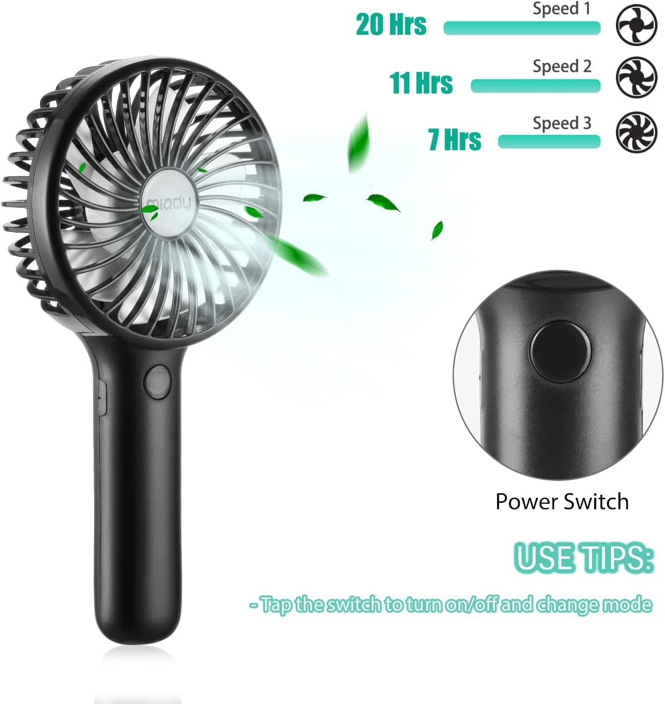 Thumbnail 2 de Miady 2-Pack 5000mAh USB-C Portable Fan — 3 Speeds, 7–20h Runtime
