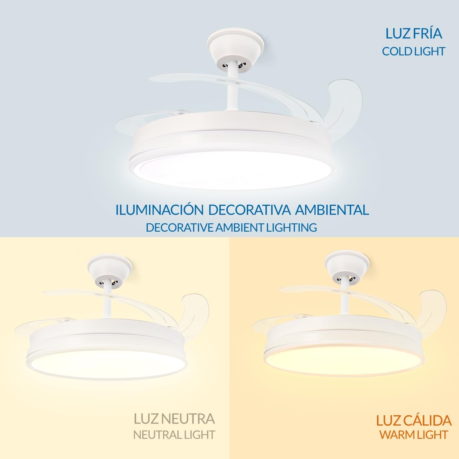 Detalle 2 de LEDUNI Ventilador de Techo LED con Aspas Retráctiles – 66W (30W Motor DC + 36W Luz), Blanco