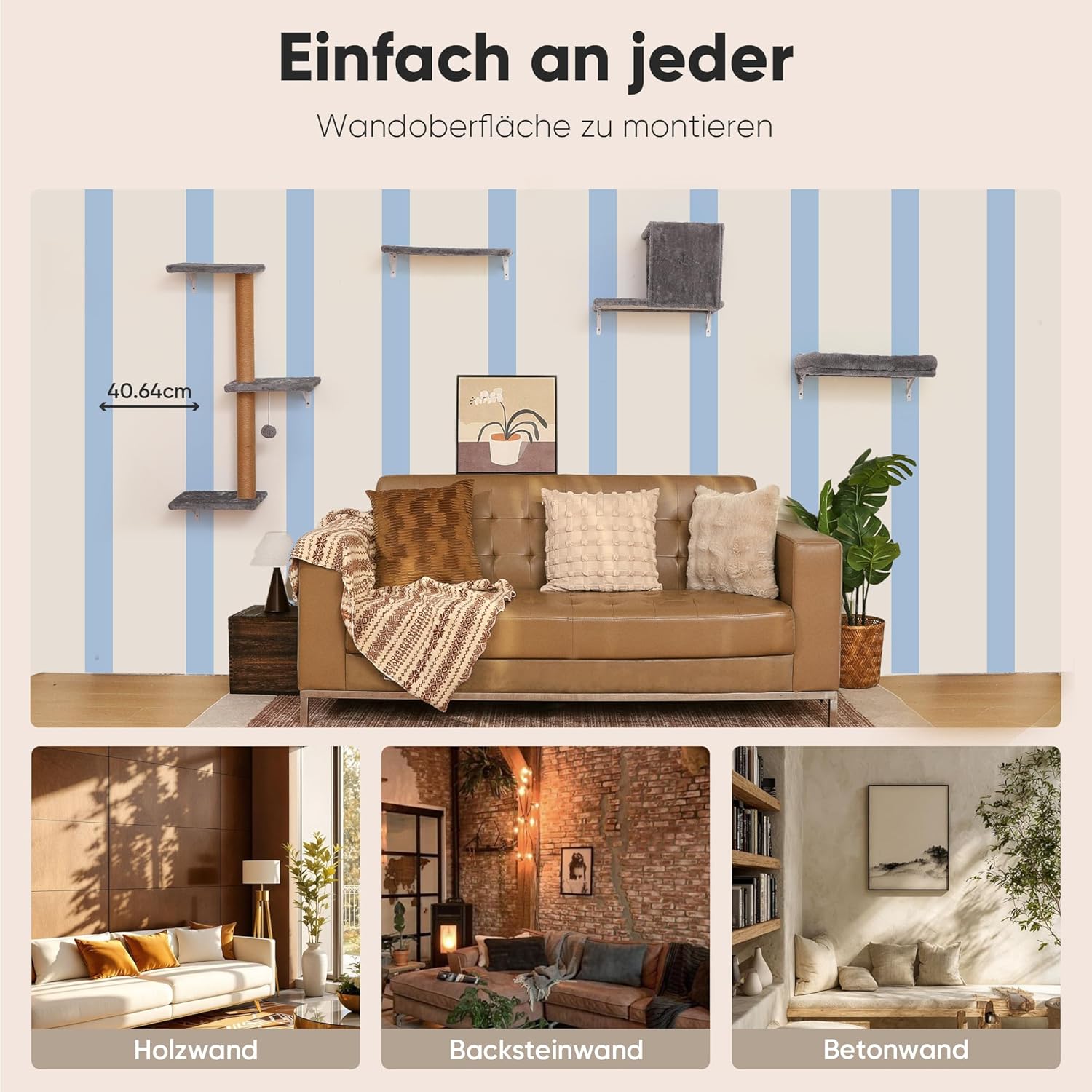 Thumbnail 6 de FUKUMARU Kletterwand Katzen Set (Multiplex) bis 18 kg – Katzenbrücke, Kratzbaum und Hängematte in Hellgrau