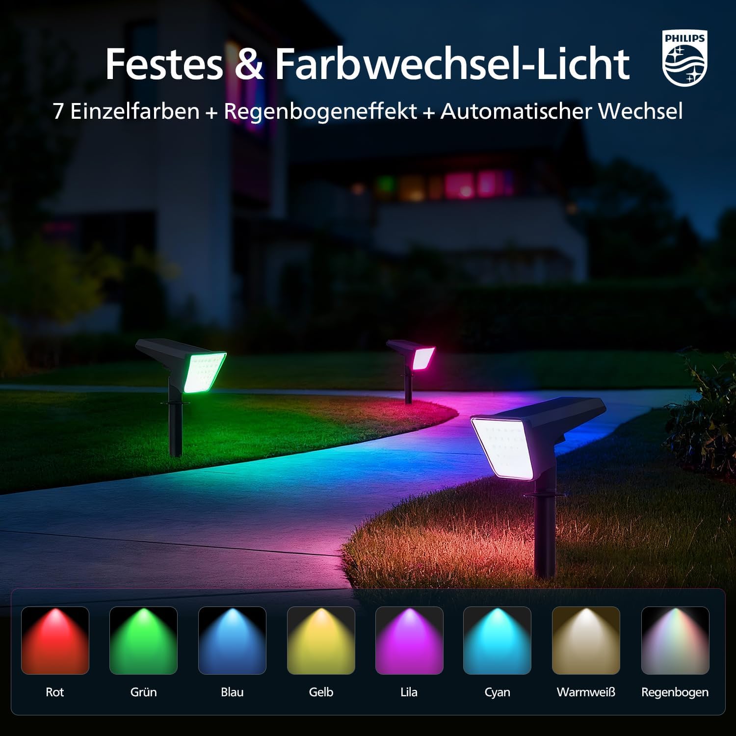 Detalle de Philips 4er-Set Solarstrahler für Außen – 18 LEDs RGBW, Dämmerung bis Morgendämmerung, wasserdicht, 9 Beleuchtungsmodi