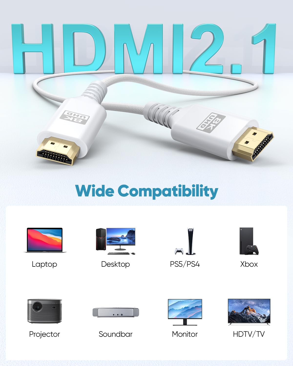 Thumbnail 6 de UVOOI 8K White HDMI Cable 15 FT — HDMI 2.1, 48Gbps Ultra High Speed