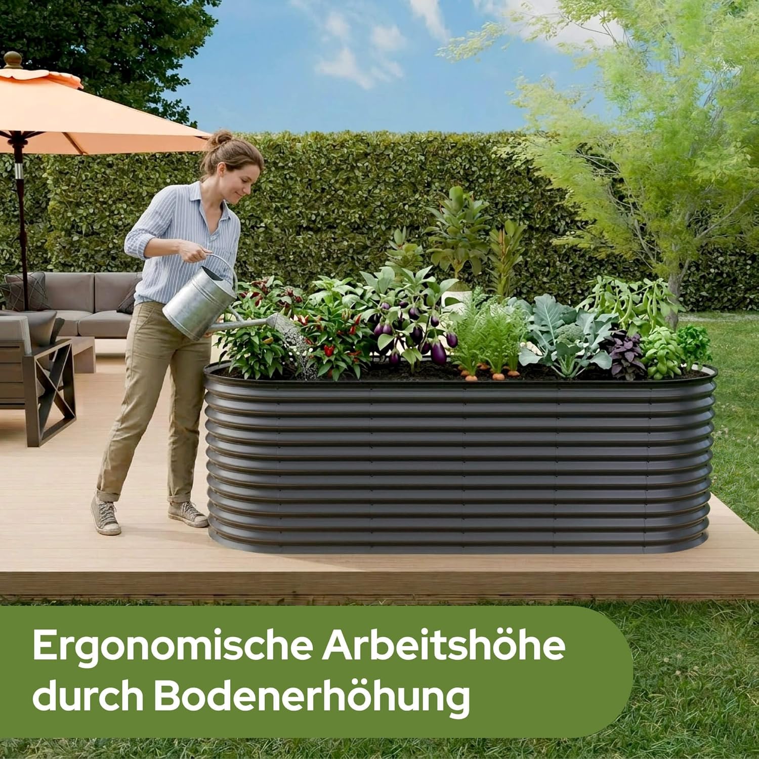 Thumbnail 6 de Arebos Hochbeet oval Metall 240x80x78 cm Anthrazit – langlebiges, bequemes Gemüse- und Blumenbeet aus verzinktem Stahl