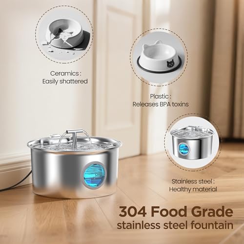 Detalle de UMOCUOY fuente de agua para gatos de acero inoxidable 304 con cuenco dispensador automático y doble caño (2,6 L)