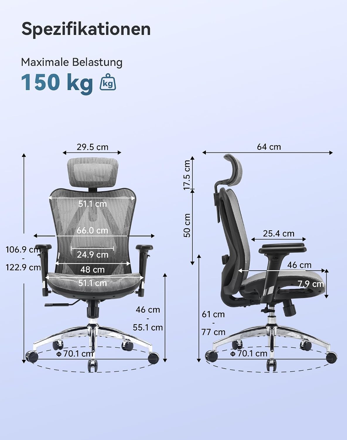 Detalle de SIHOO ergonomischer Bürostuhl 150 kg