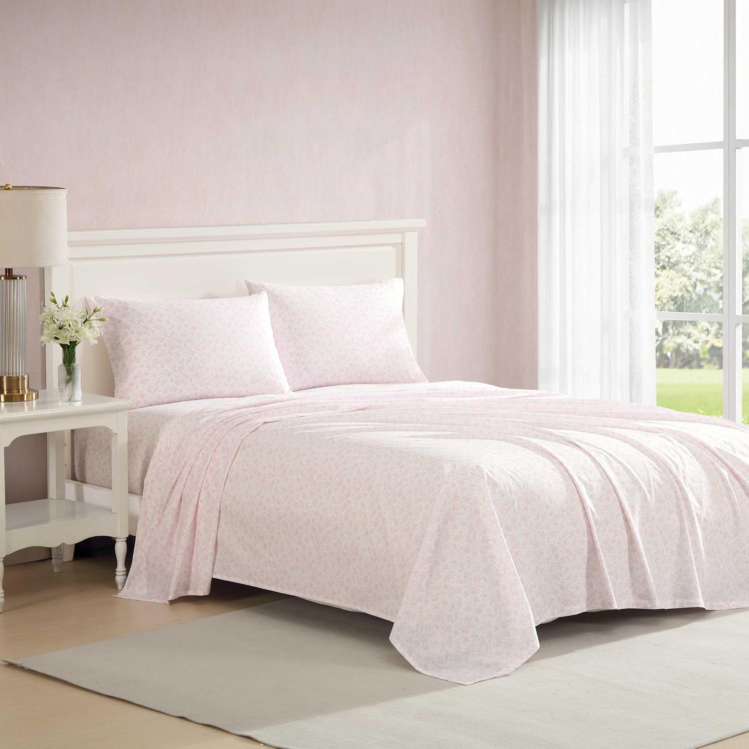 Detalle de Laura Ashley Twin XL Sheet Set - Crisp 100% Cotton Percale with Deep Pockets (Floral Toile Pink)