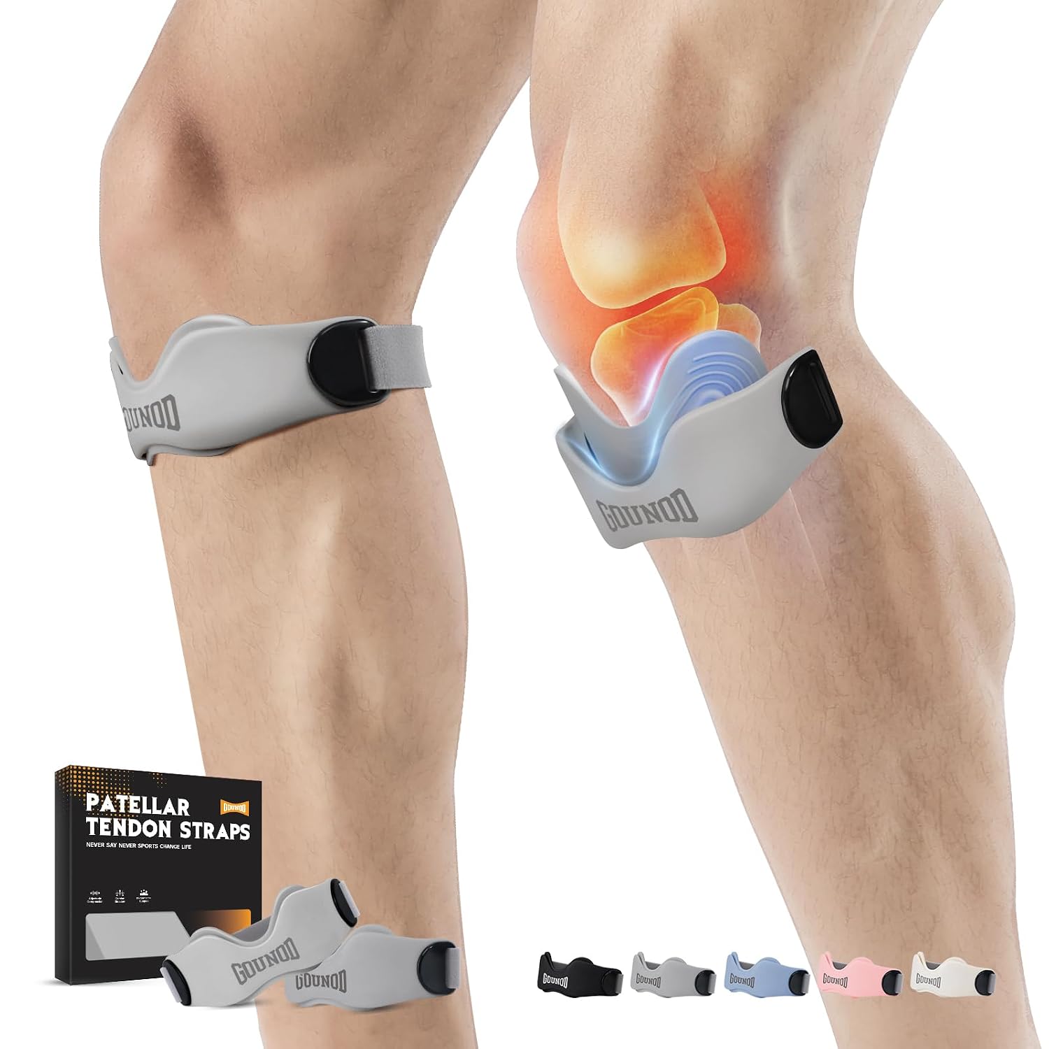 Detalle de GOUNOD B004 Patellar Tendon Straps, Adjustable Silicone, 2-Pack, Grey