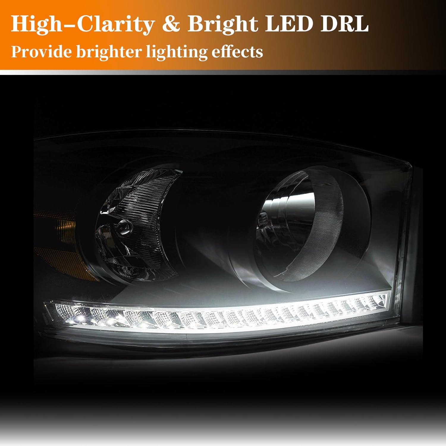 Thumbnail 3 de DimFlux LED Headlight Assembly for 2006-2009 Dodge Ram 1500/2500/3500 (Halogen models only) - Black housing with Amber Reflector