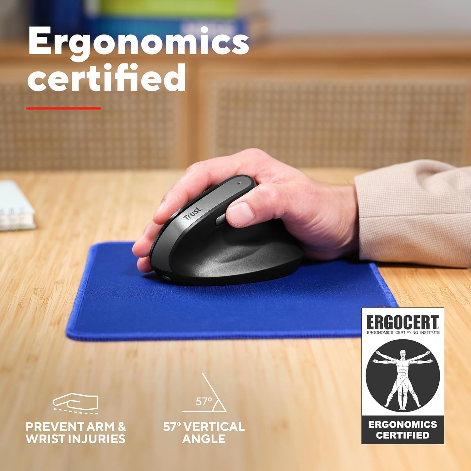 Thumbnail 2 de Trust Yuno Wireless Ergonomic Vertical Mouse (Rechargeable, 2.4GHz, 800–2400 DPI) – Black