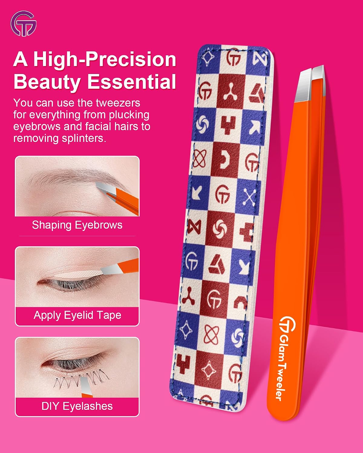 Detalle de GlamTweeler Expert Eyebrow Hair Removal Tweezer with Leather Case (Orange) – slant tip stainless steel tweezers