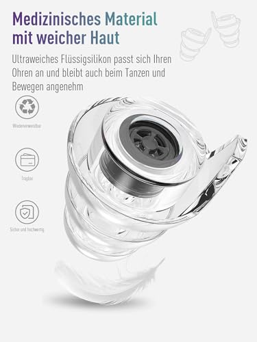Detalle de Hearprotek Konzert Ohrstöpsel – 2 Paar, 23 dB Filter, Wiederverwendbar, Schwarz