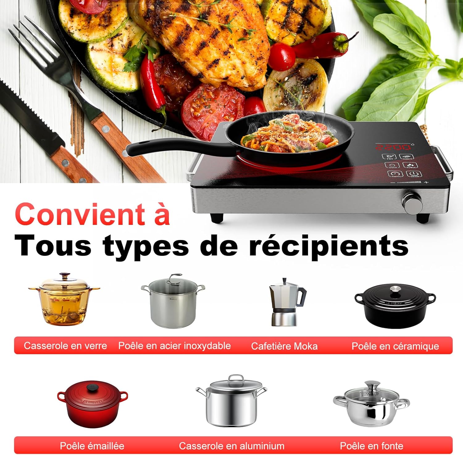Thumbnail 5 de Argyolas Plaque de Cuisson Électrique 1 Feu 2200W – Vitrocéramique portable pour camping et cuisine
