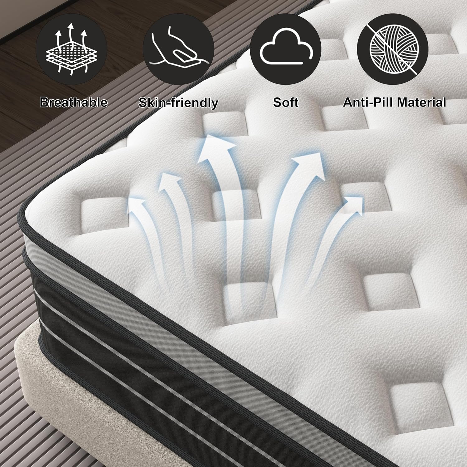 Detalle 2 de CBAEC-RSN Double Mattress 4FT6: 10 inch gel memory foam, 7-zone pocket springs (medium plush/medium firm)