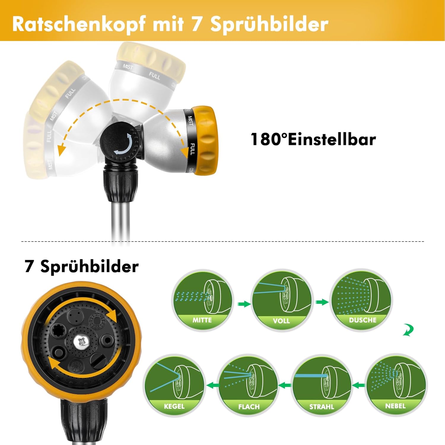 Thumbnail 3 de RESTMO Langer Teleskop-Gießstab 92–152 cm mit 180° Kopf, 7 Sprühmustern und Durchflusskontrolle – Gelb
