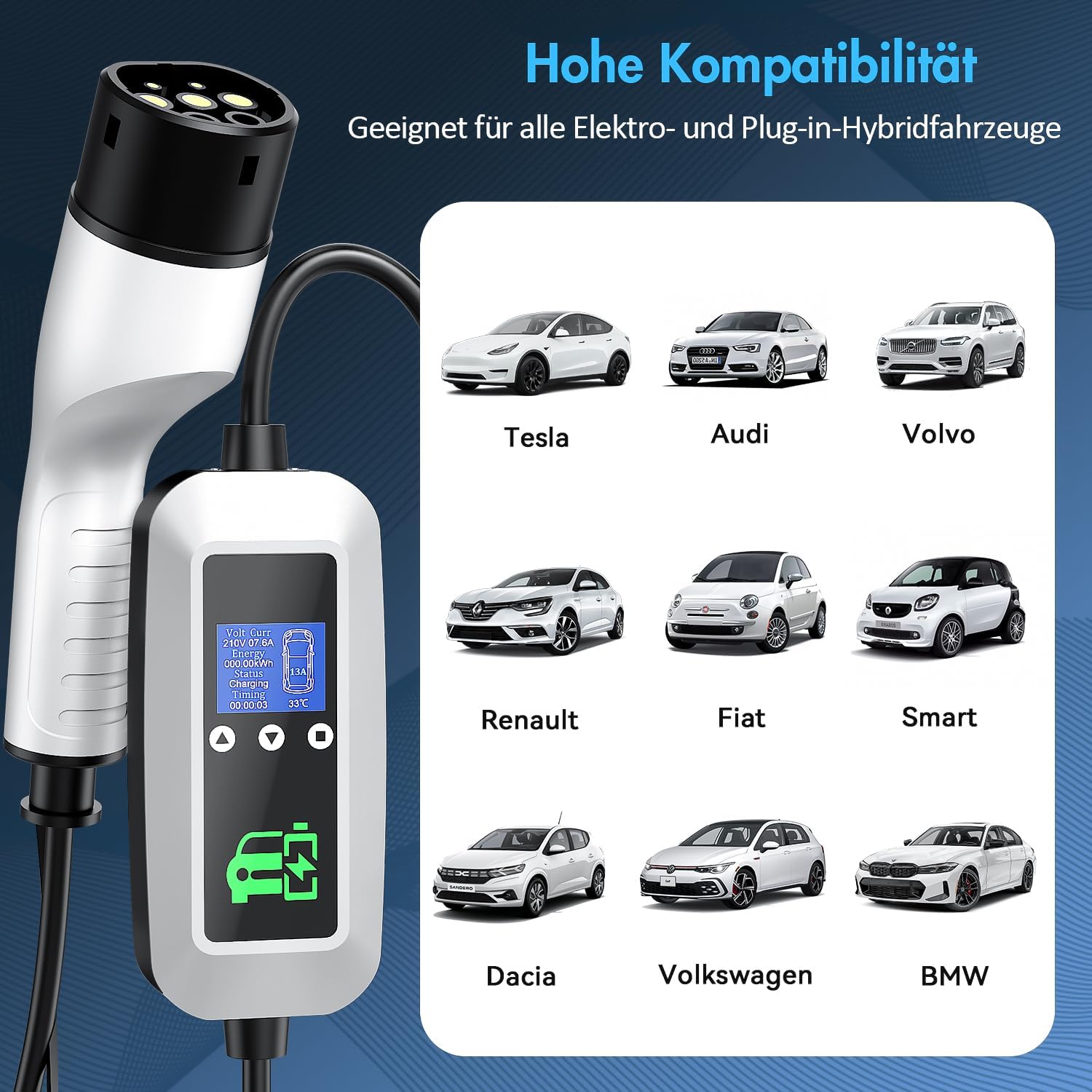 Detalle de FNITAER EV Ladekabel Typ 2 3.68kW – 6 m, 1-Phasig, Timer, Display und Zubehör