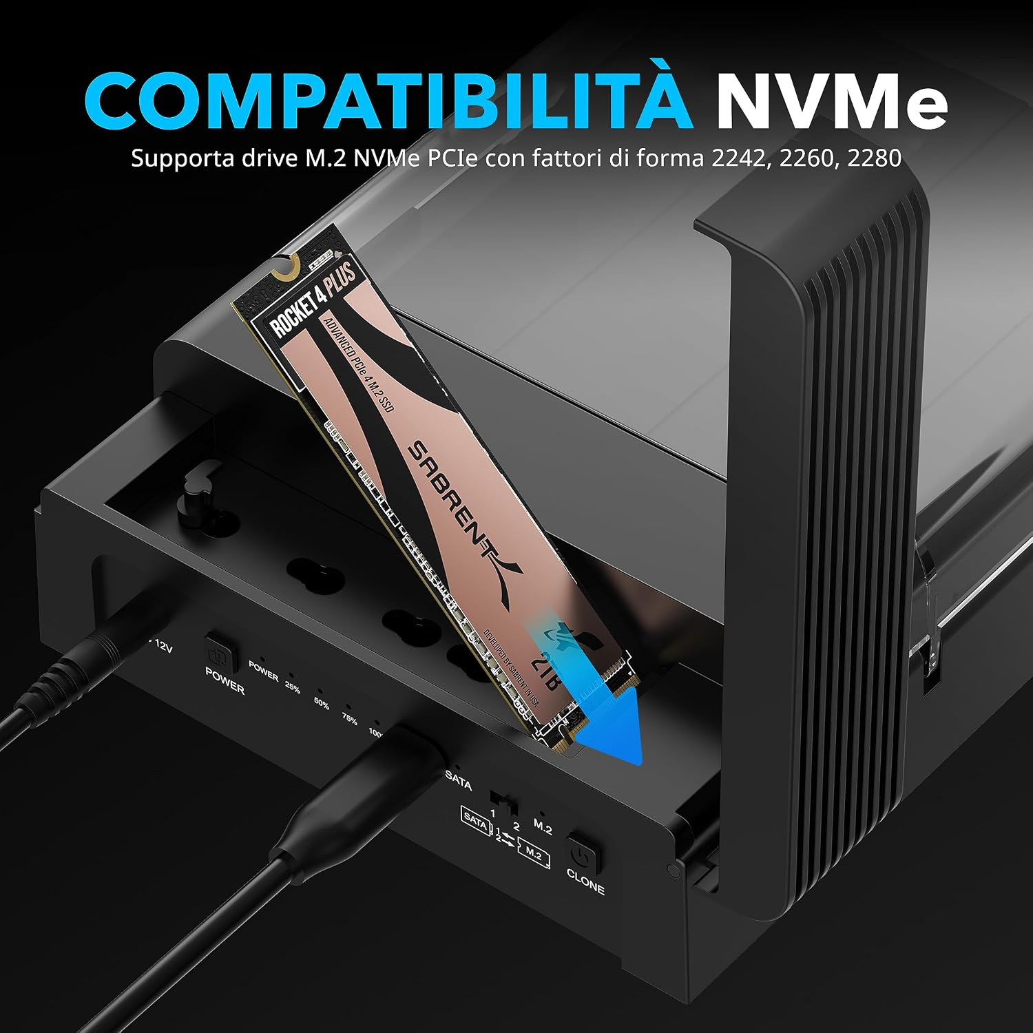 Detalle de SABRENT DS-UFNC docking station USB-C per SSD M.2 NVMe e HDD/SSD SATA 2,5"/3,5" con clonazione offline