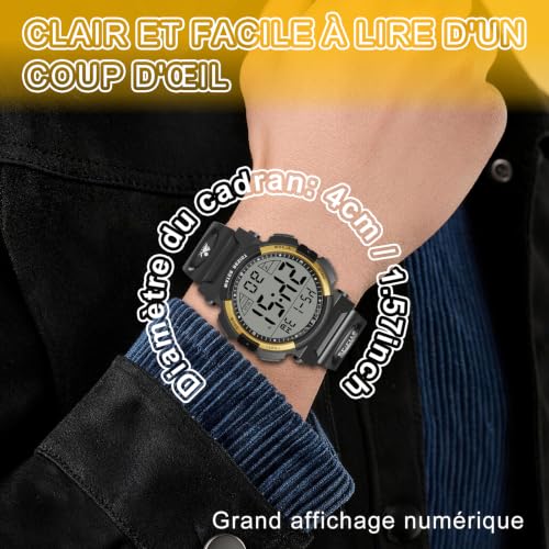 Thumbnail 6 de Juboos montre numérique pour homme, LED, chronomètre au 1/100 s, 3 ATM