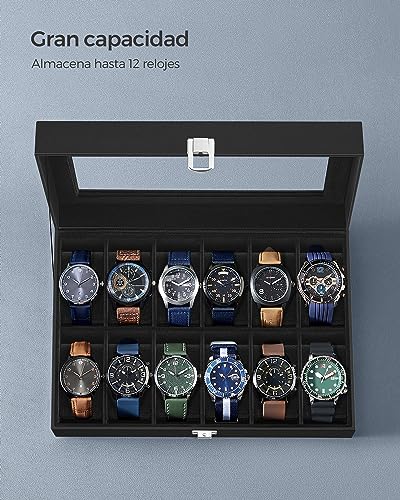 Detalle de SONGMICS JWB12B: Caja de relojes con 12 compartimentos, tapa de cristal y cojines extraíbles