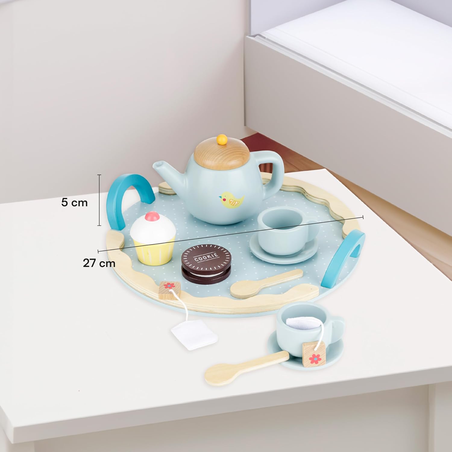 Detalle de Baroni Toys Set da Tè in Legno Montessori con 10 accessori (teiera, tazzine e vassoio) per bambini 3-7 anni