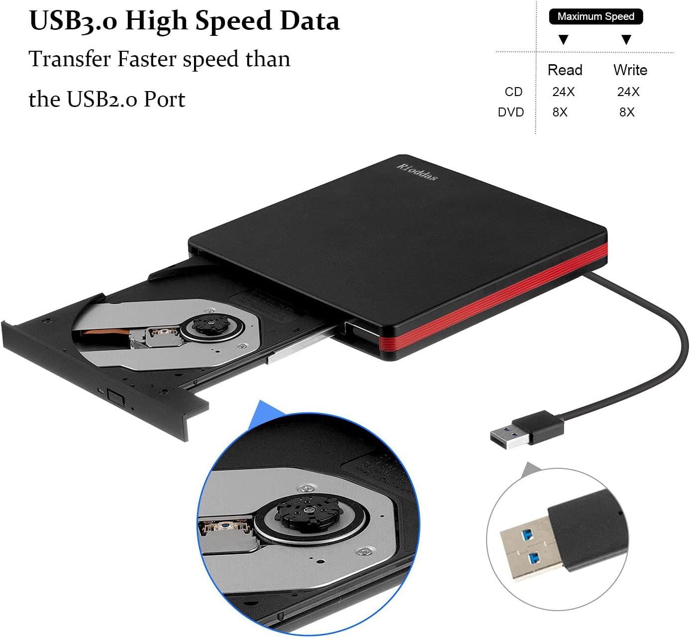 Thumbnail 5 de Rioddas External CD Drive USB 3.0 5Gbps 📀