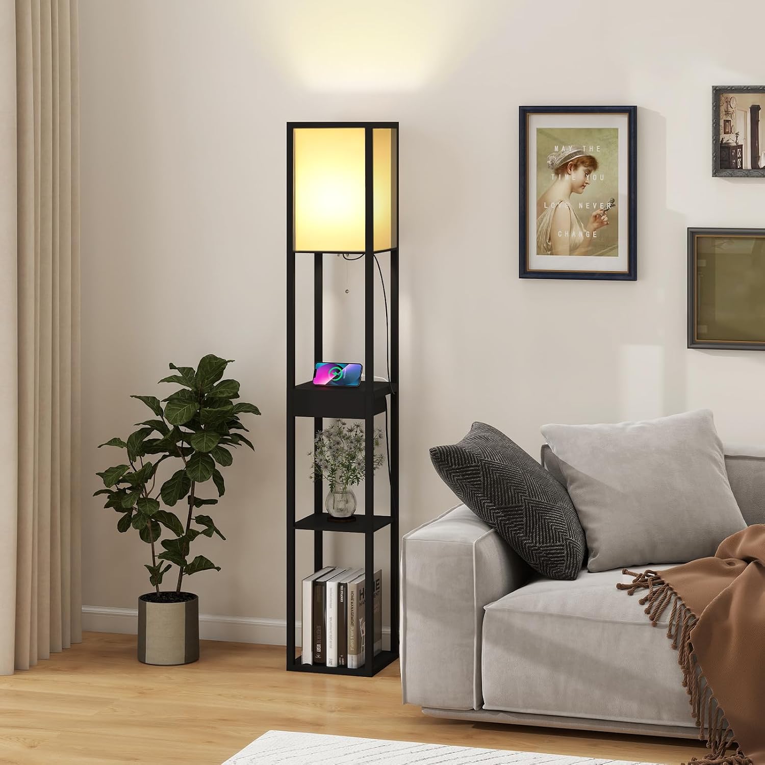 Detalle 2 de Fullwatt Stehlampe mit Holzregal 160 cm