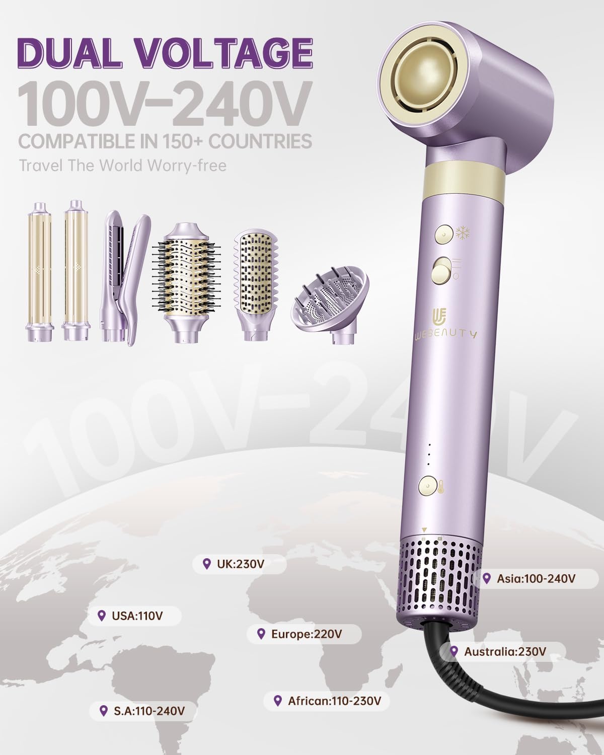 Thumbnail 1 de Hair Dryer Brush 8-in-1 Dual Voltage Hot Air Styler (110,000 RPM) with Straightener & Curler Attachments – Purple