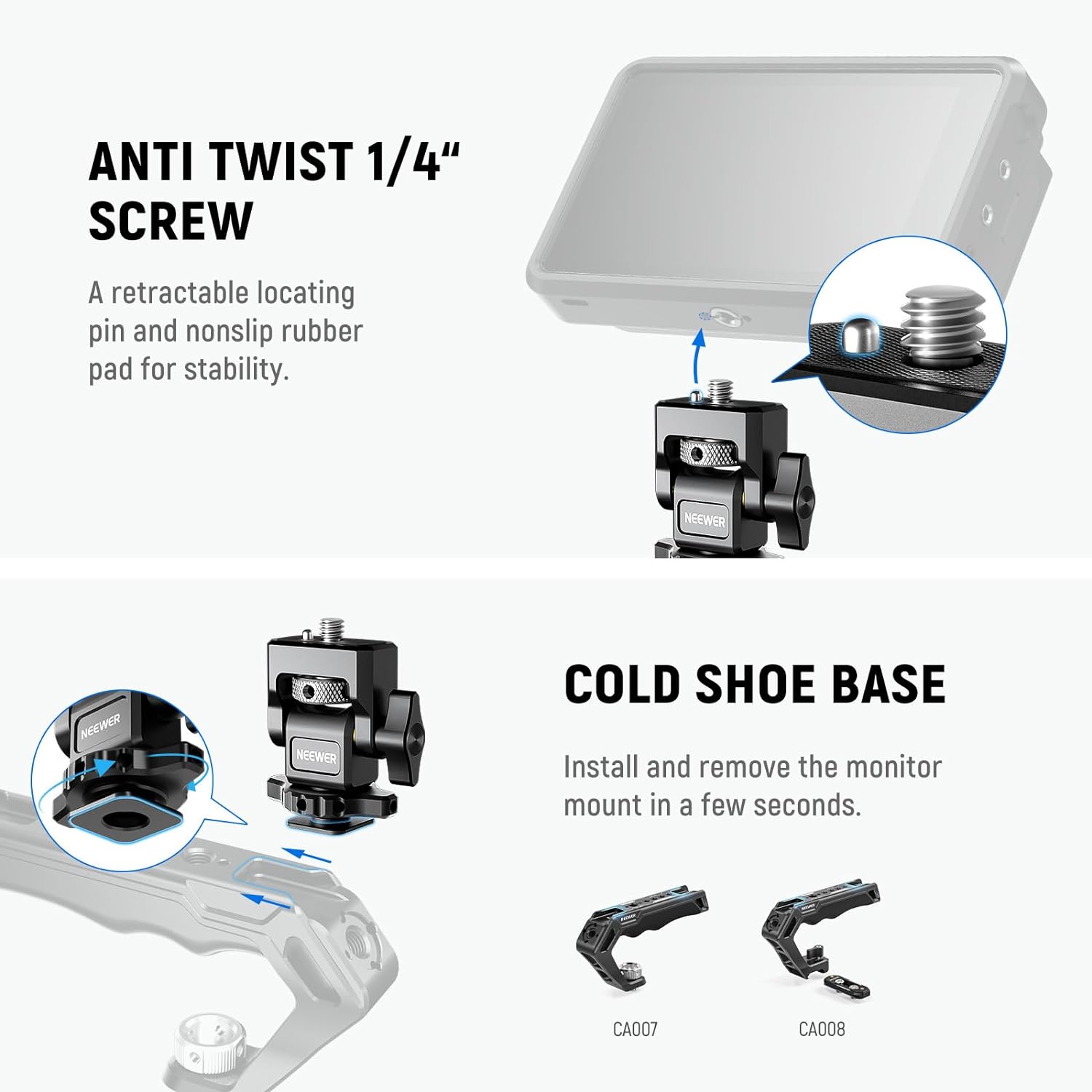 Detalle de NEEWER Kamera Monitorhalterung mit Cold Shoe und 1/4" Schraube für 5" & 7" Field Monitore (kompatibel mit Atomos Ninja V)