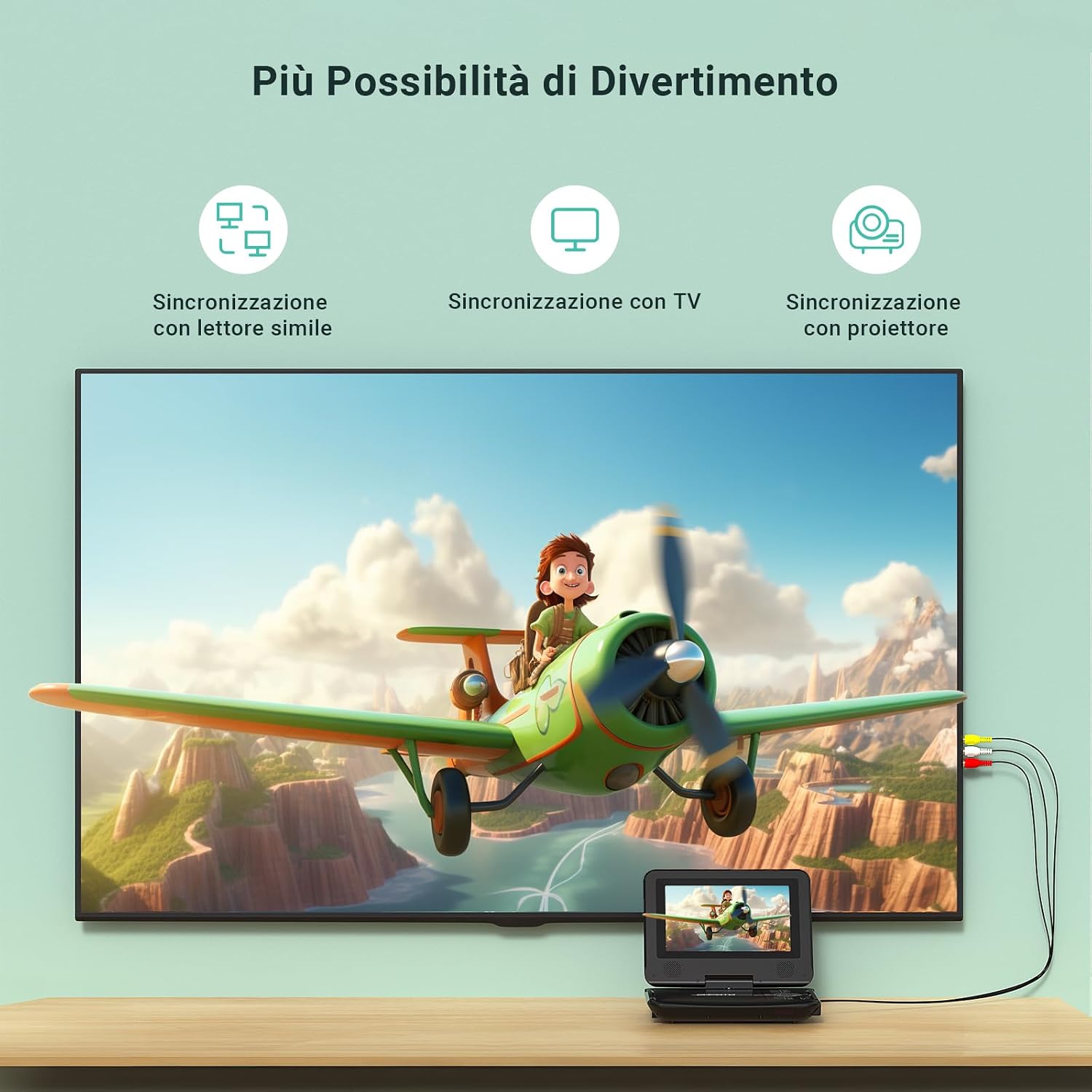 Detalle de Lettore DVD Portatile POFOTO 9,5'' con Schermo HD Ruotabile 270° – 4–6 Ore di Autonomia, Lettore Multiformato