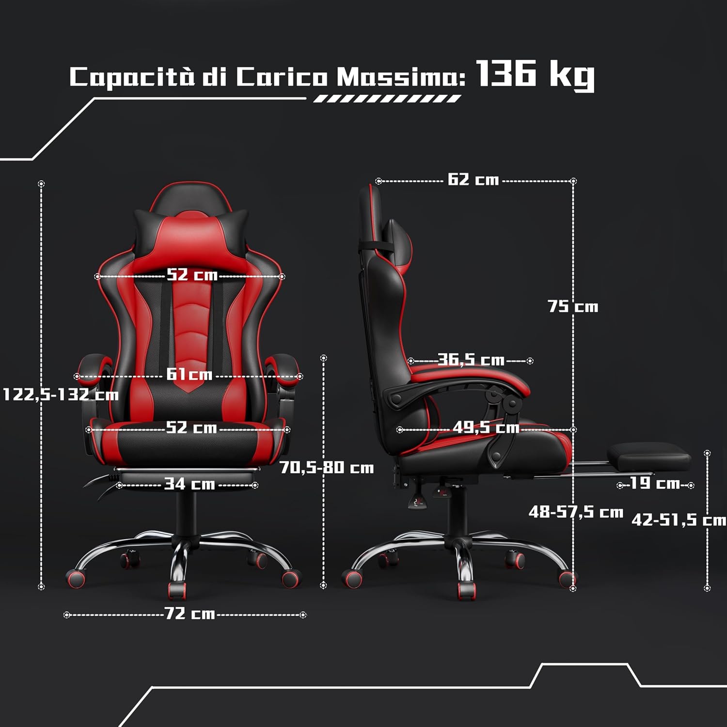 Thumbnail 2 de Yaheetech Sedia Gaming Ergonomica Massaggiante Rosso