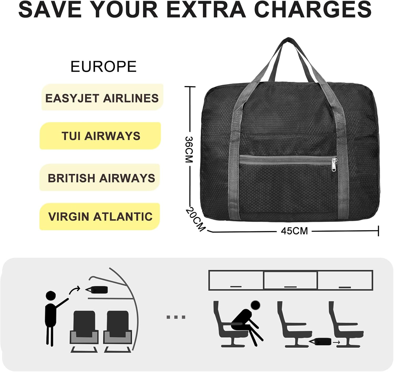 Detalle 2 de for Easyjet Airlines Cabin Bag 45x36x20 – 30L Underseat Carry-On Duffel (Black, Foldable)