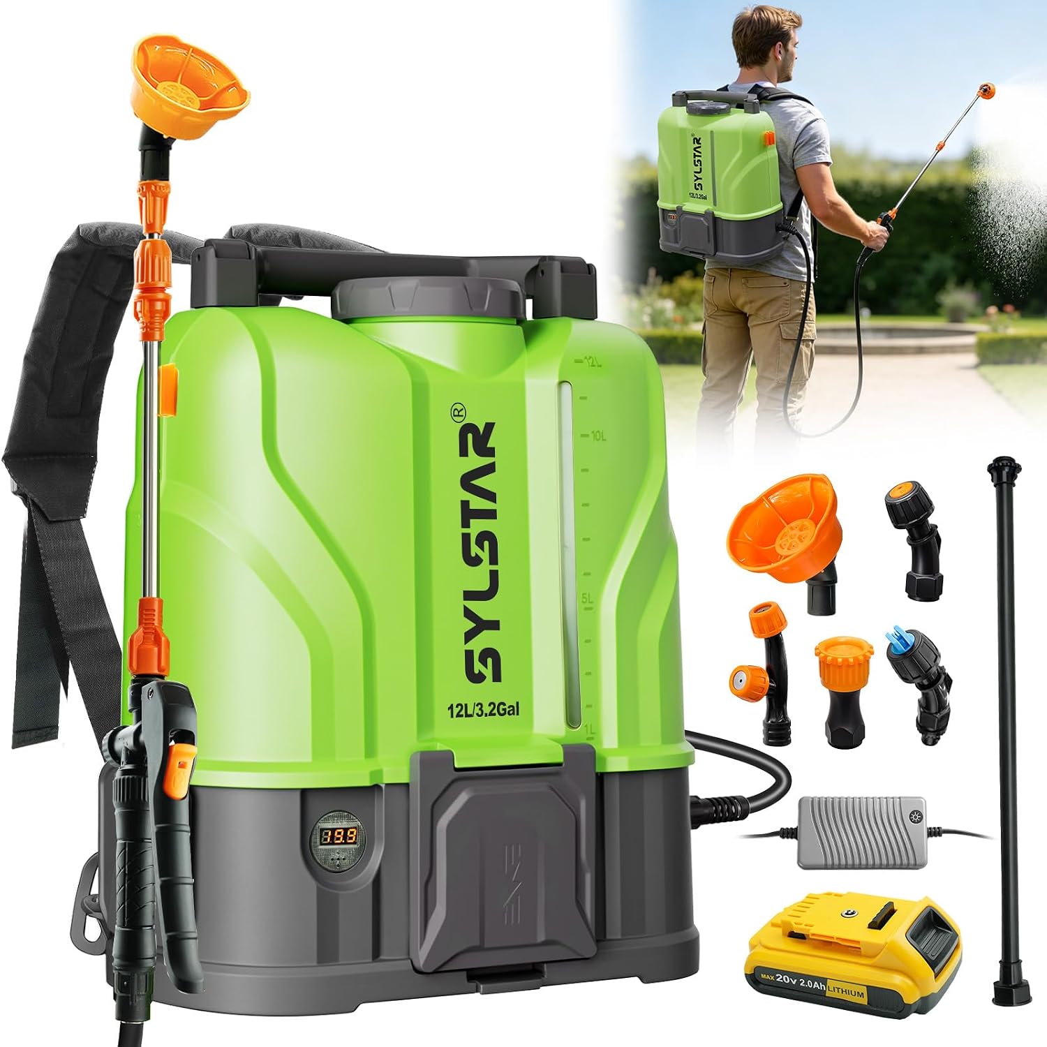 SYLSTAR Pulverisateur Électrique 12 L – 7 Bar, Dos, Compatible DeWalt 18V et Milwaukee 18V