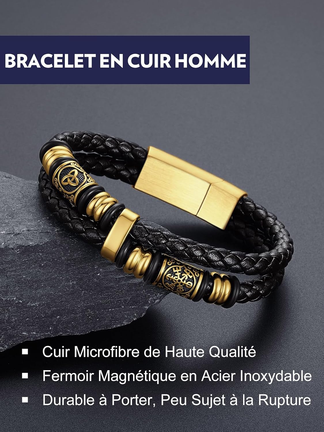 Detalle 2 de Bandmax Bracelet en cuir tressé avec fermoir magnétique – Longueurs 19/21/23/25 cm