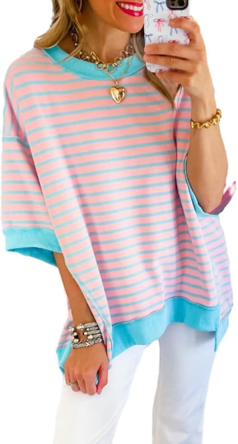 Thumbnail 6 de SHEWIN Women’s Striped Short-Sleeve Crewneck Sweatshirt Top