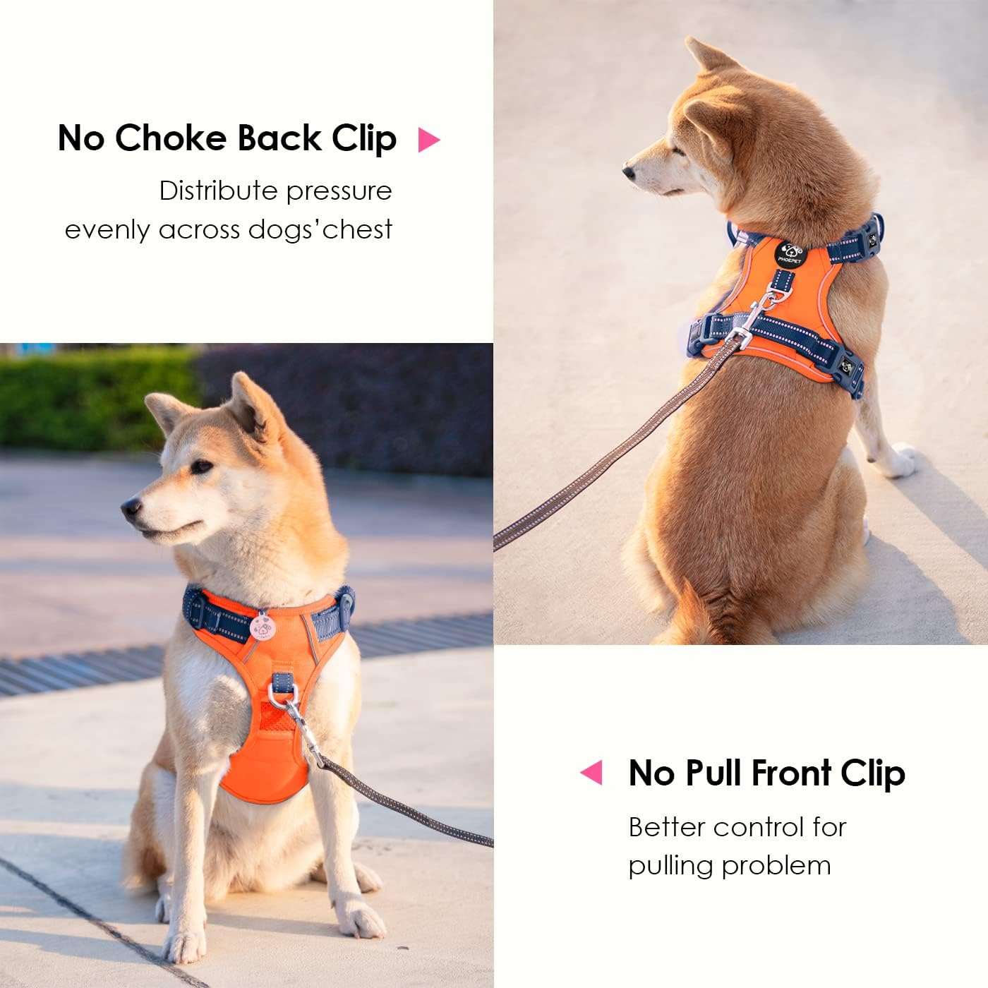 Detalle de PHOEPET No Pull Dog Harness with Escape Proof Design – Front & Back D‑Rings, Reflective, Adjustable (Orange Base & Blue Straps) – Size L