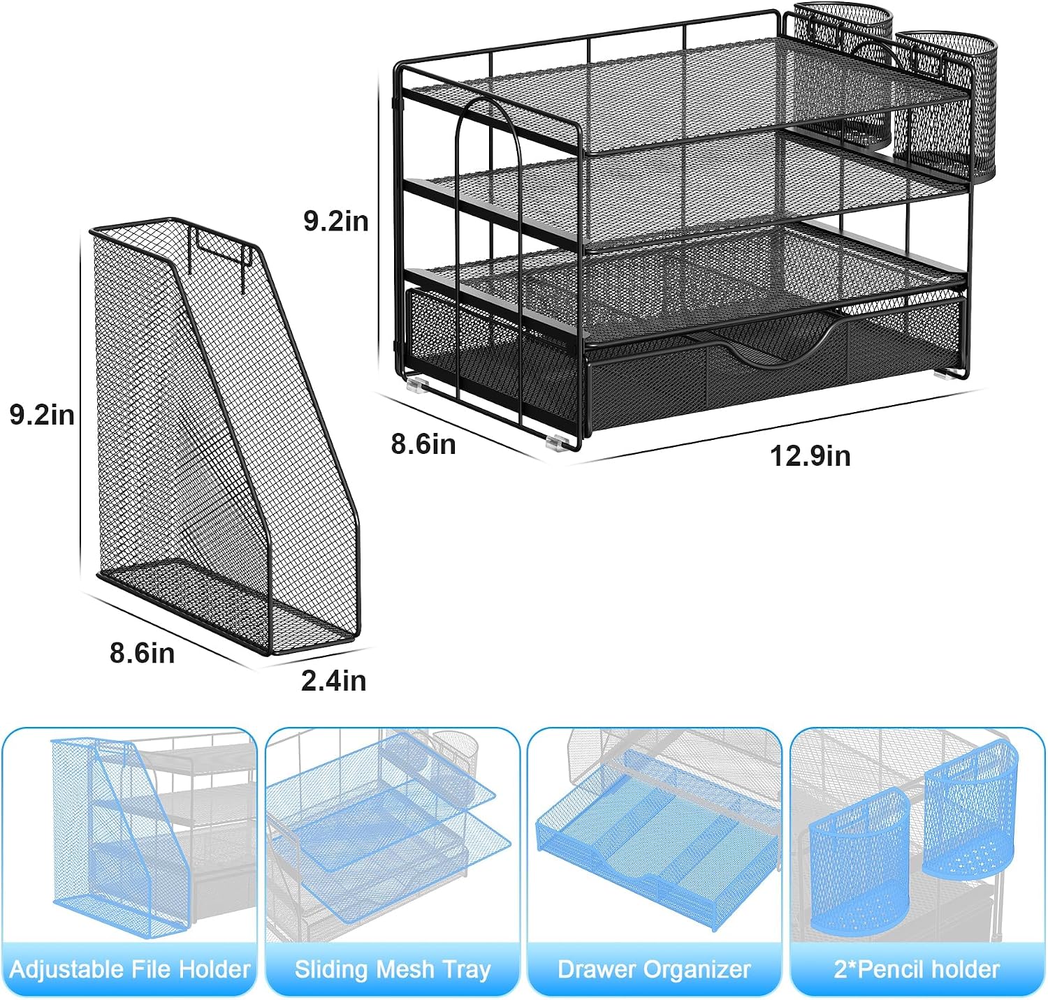 Detalle de Quhombo Desk Organiser with File Holder – 4-Tier Mesh Office Storage (Black)