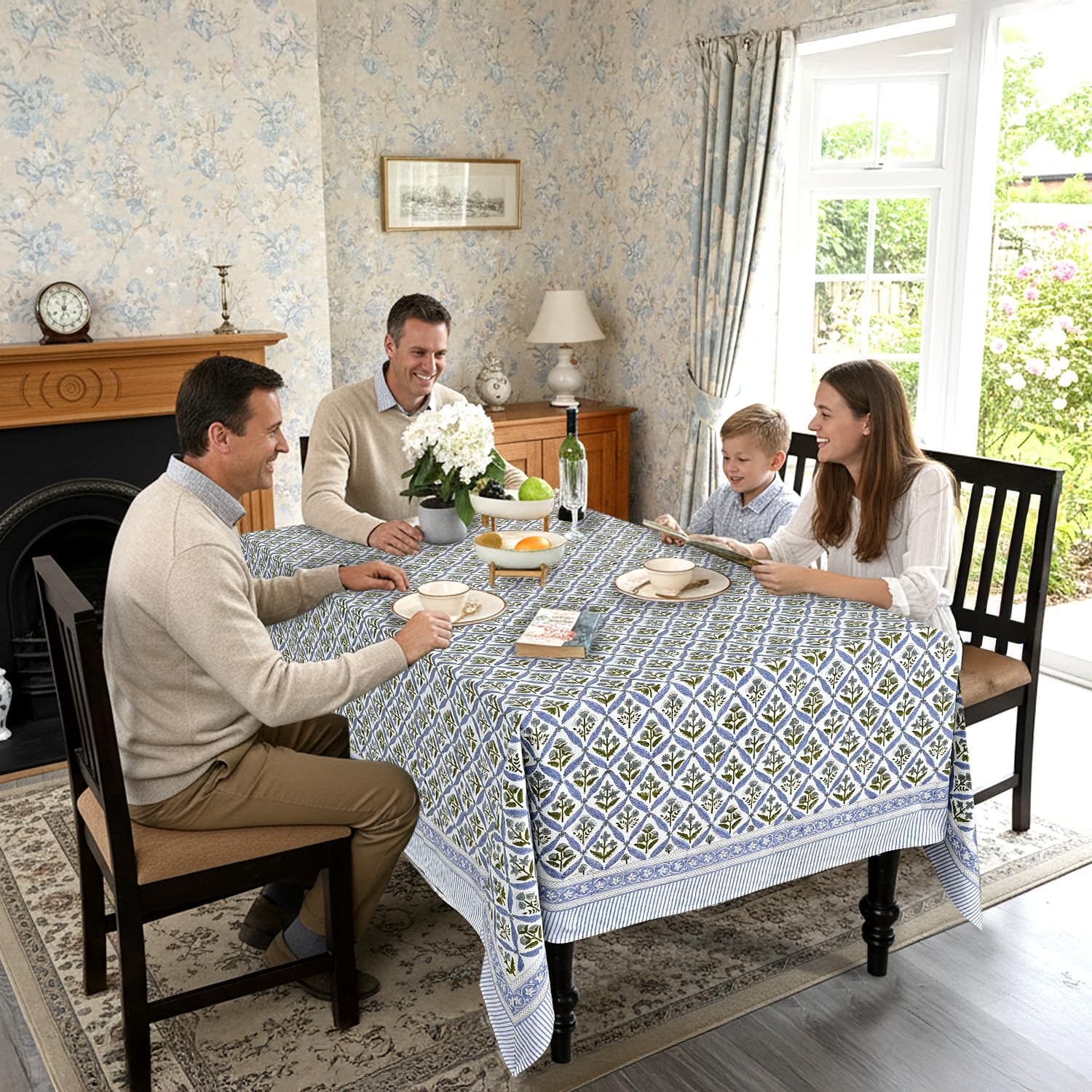 Detalle de Ridhi Steel Blue 60x60 Inches Square 100% Cotton Hand Block Print Tablecloth