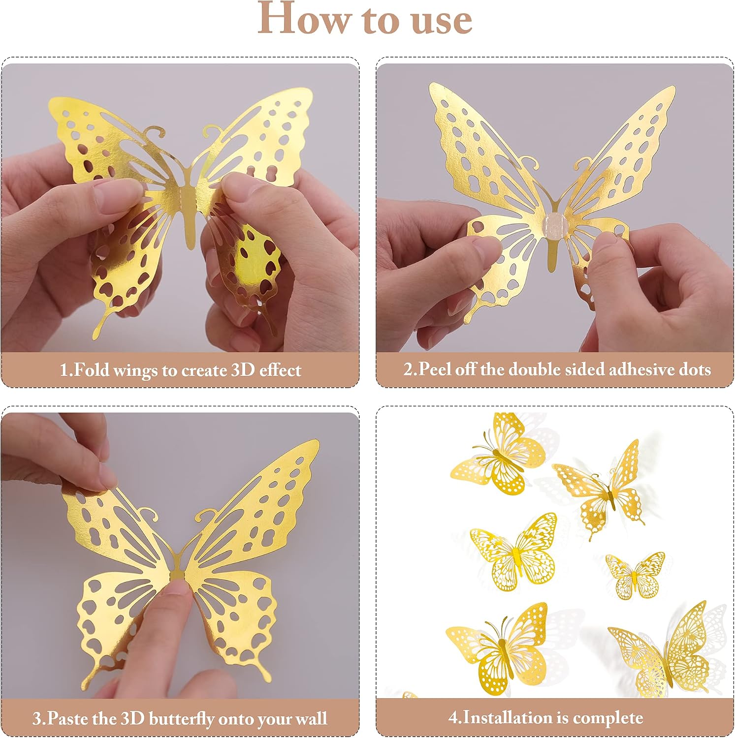Detalle 2 de SAOROPEB 3D Gold Butterfly Wall Decor, 48-Piece Set with 4 Styles
