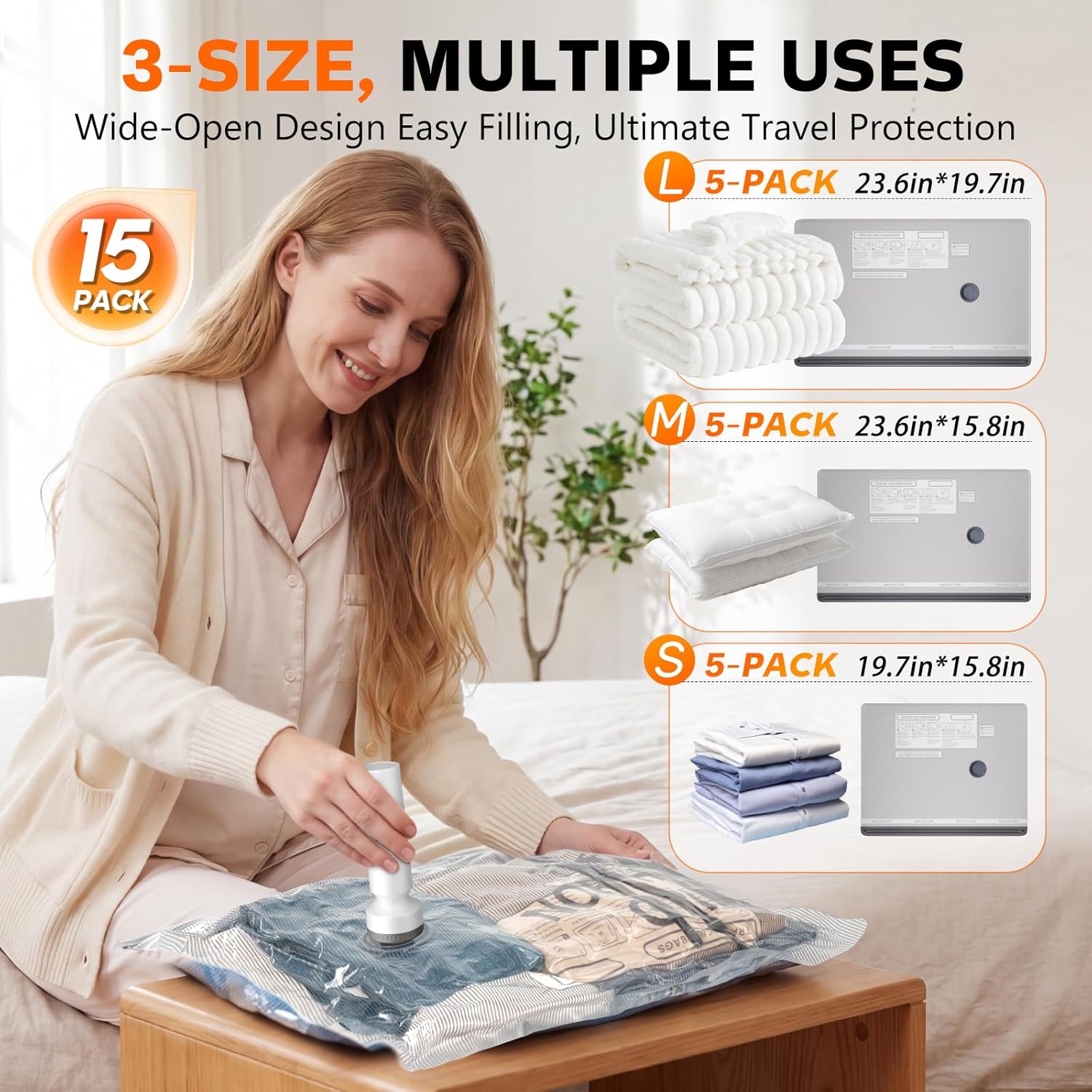 Detalle 2 de 15 Pack Vacuum Storage Bags for Travel with Rechargeable Cordless Pump — Space Saver Set