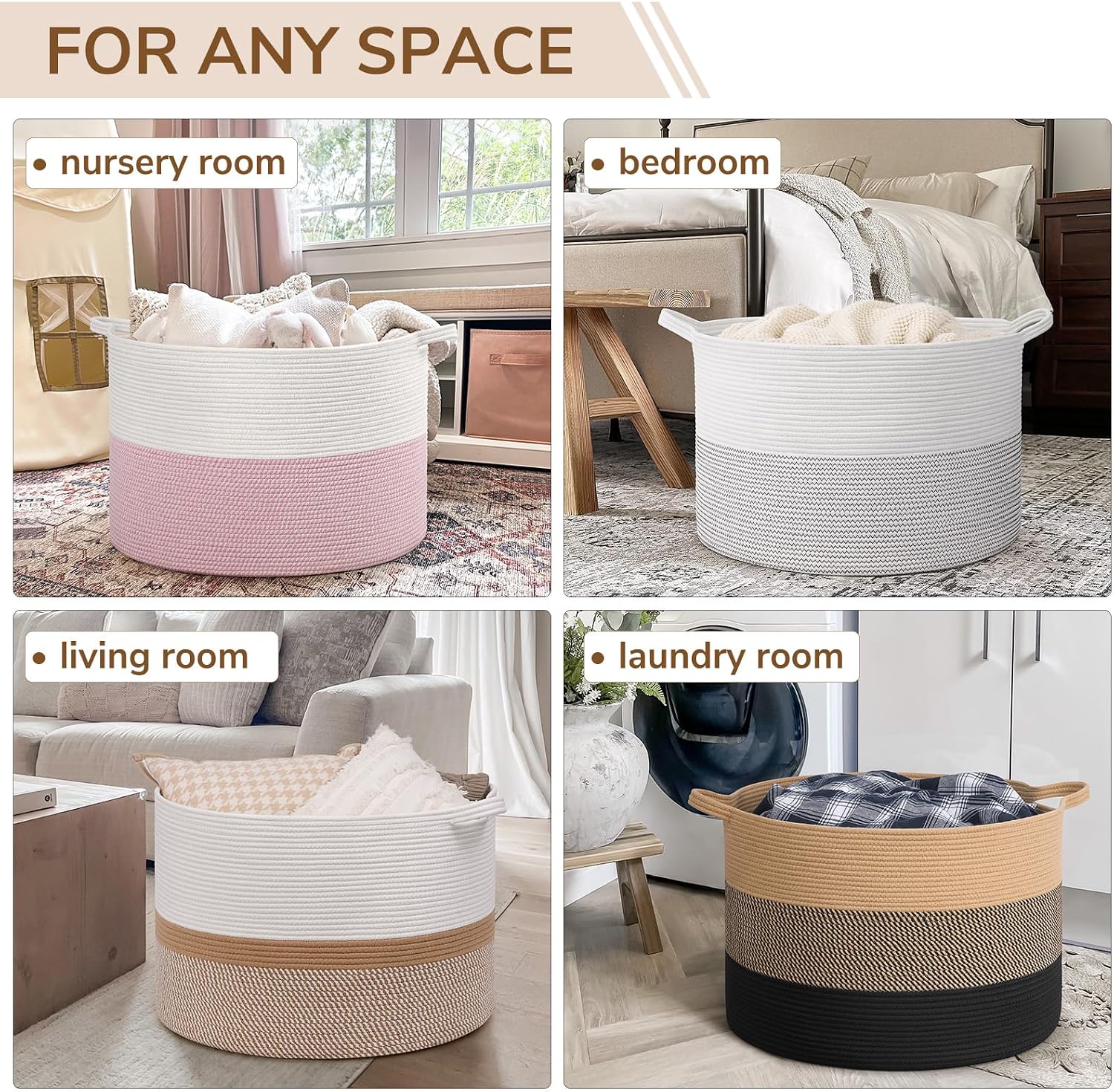 Detalle 2 de INDRESSME 115L Woven Cotton Rope Storage Basket, White and Camel