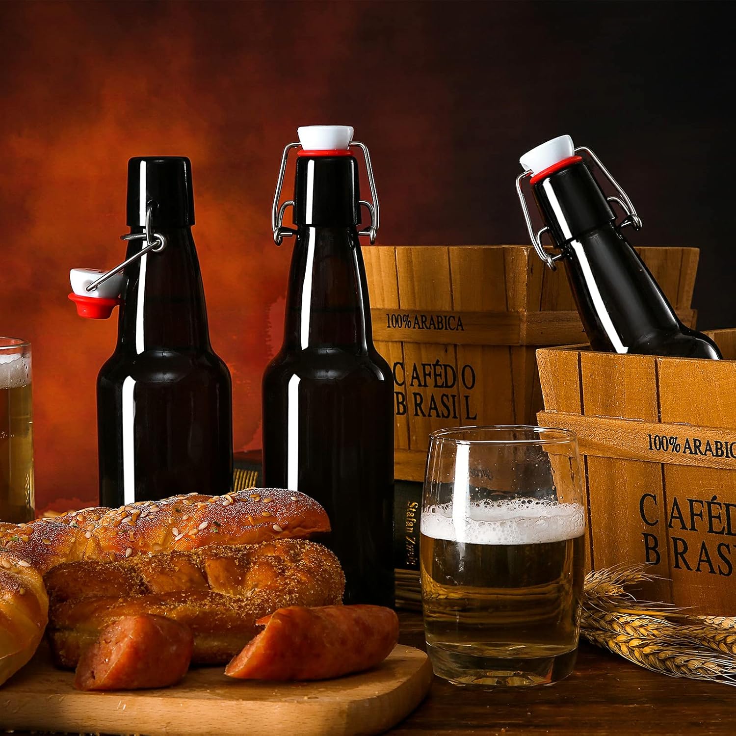 Detalle de YEBODA 12 oz Amber Beer Bottles with Flip Caps 🍺