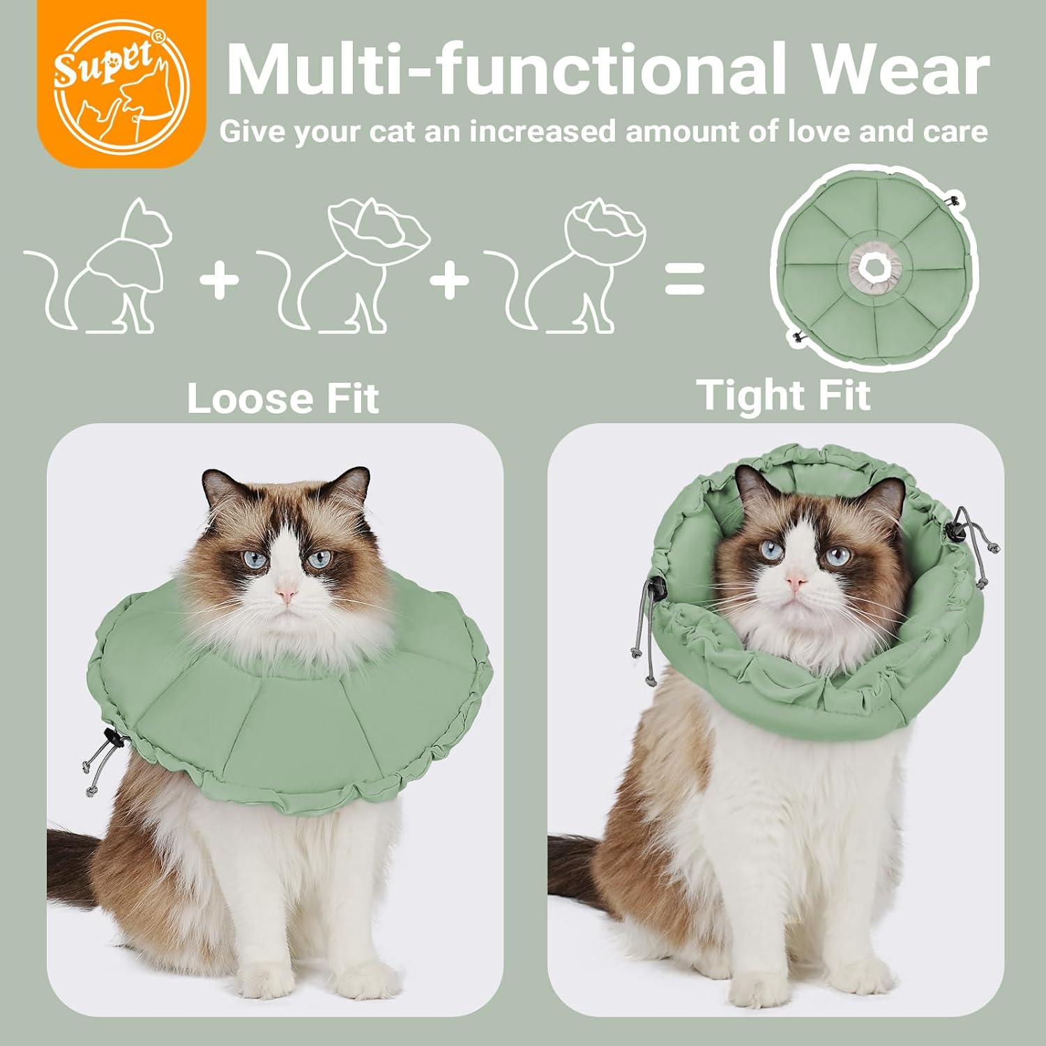 Thumbnail 2 de Supet Soft Cat Cone Collar: Silent, Adjustable Recovery Collar for Cats (Light Green, M)