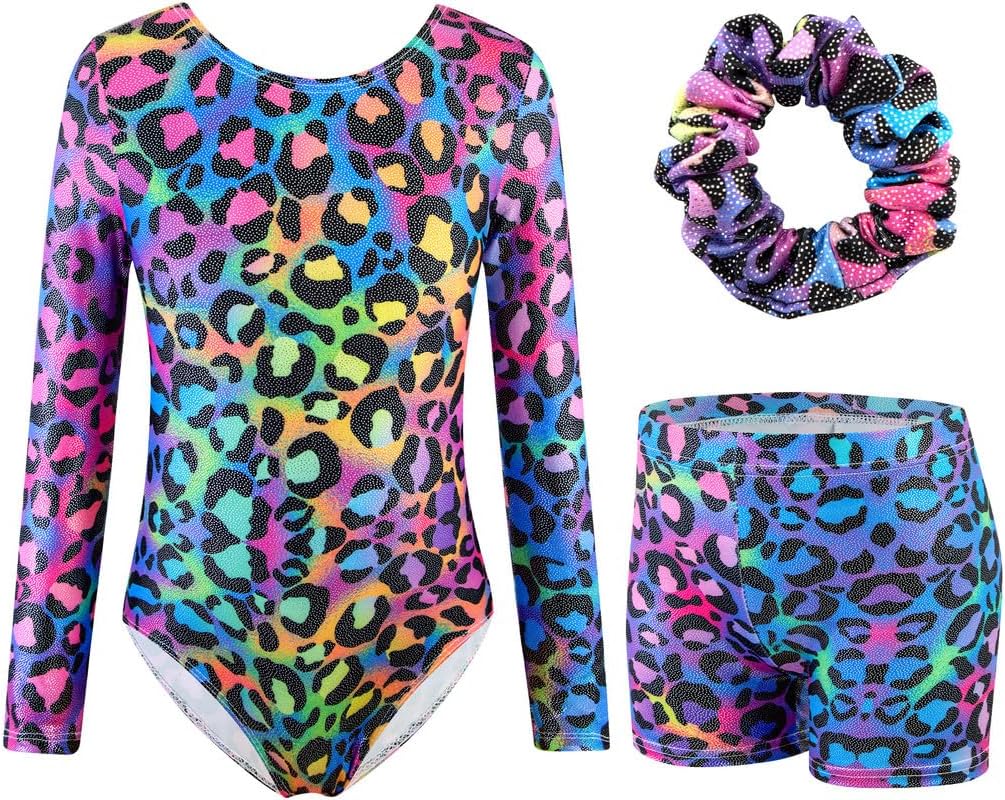Detalle de XiaoMoSha Girls Three-Piece Gymnastics Leotards Set: Long Sleeve Leotard, Shorts & Hairband (3–12 Years)