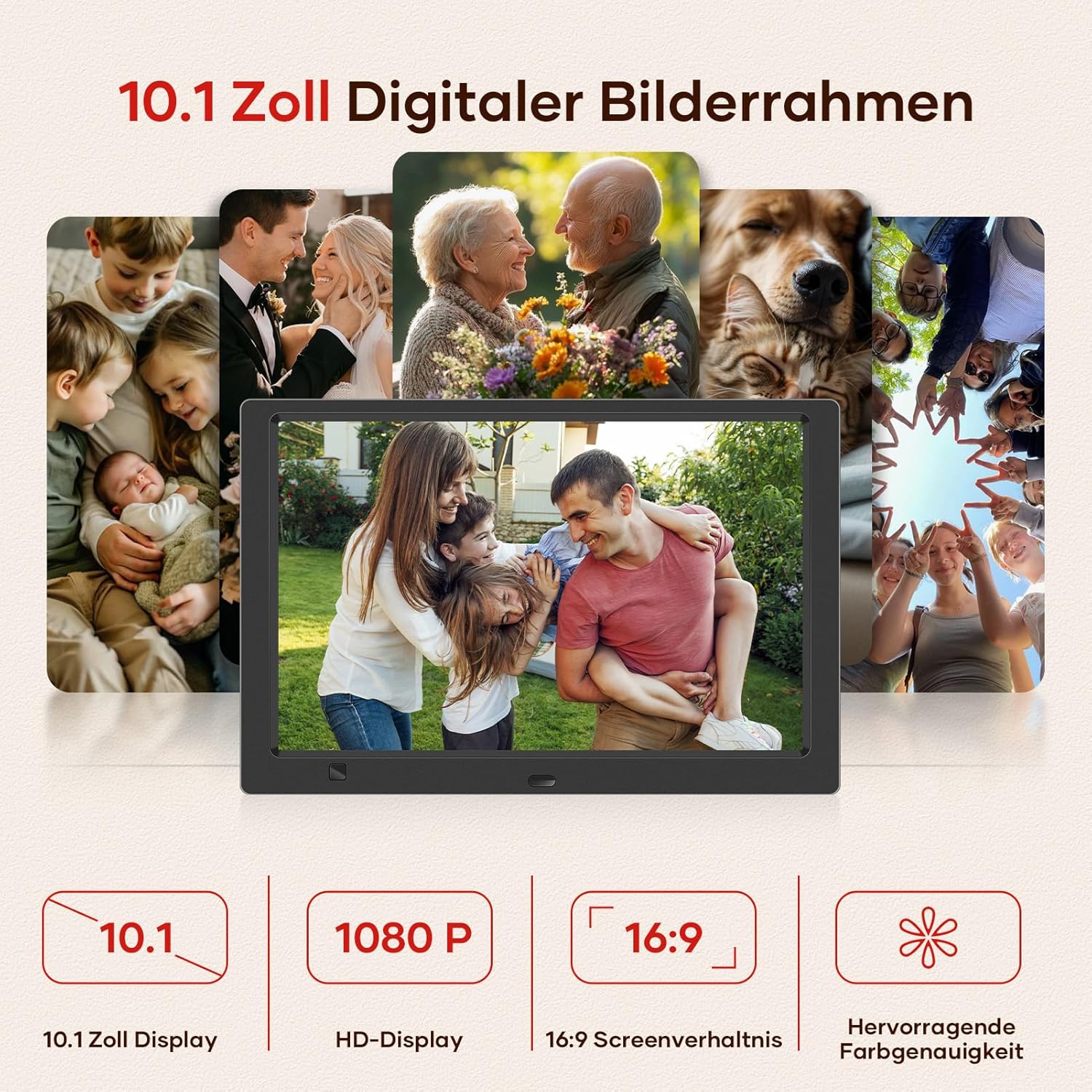 Detalle de Digitaler Bilderrahmen ohne WLAN 10,1 Zoll IPS – 32 GB USB-Stick, Bewegungssensor & Wandmontage