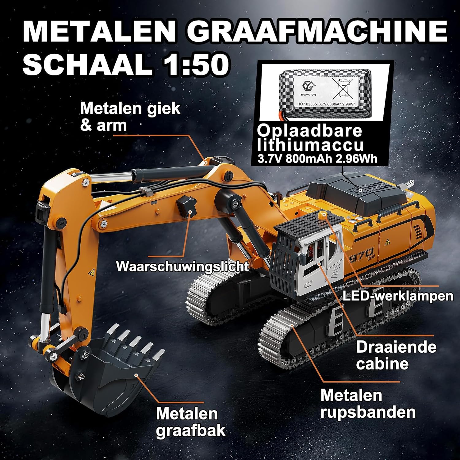 Detalle de Womaqu YG970 RC-graafmachine 1:50 met metalen bak, rupsbanden en 2,4GHz-bediening