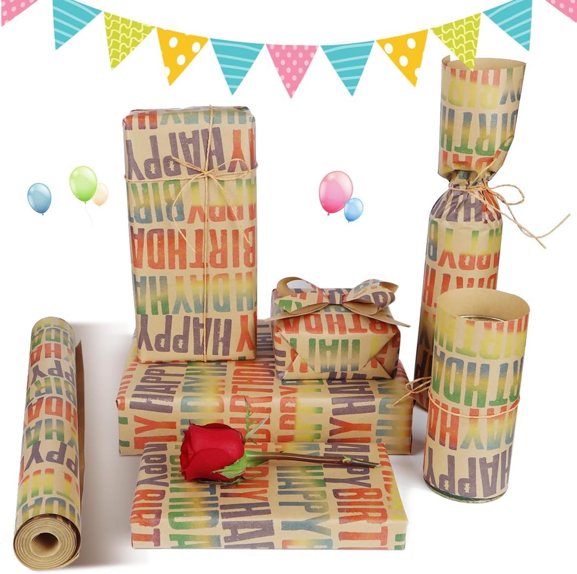Thumbnail 3 de HBell Happy Birthday wrapping paper roll (15m) with kraft design, recyclable gift wrap