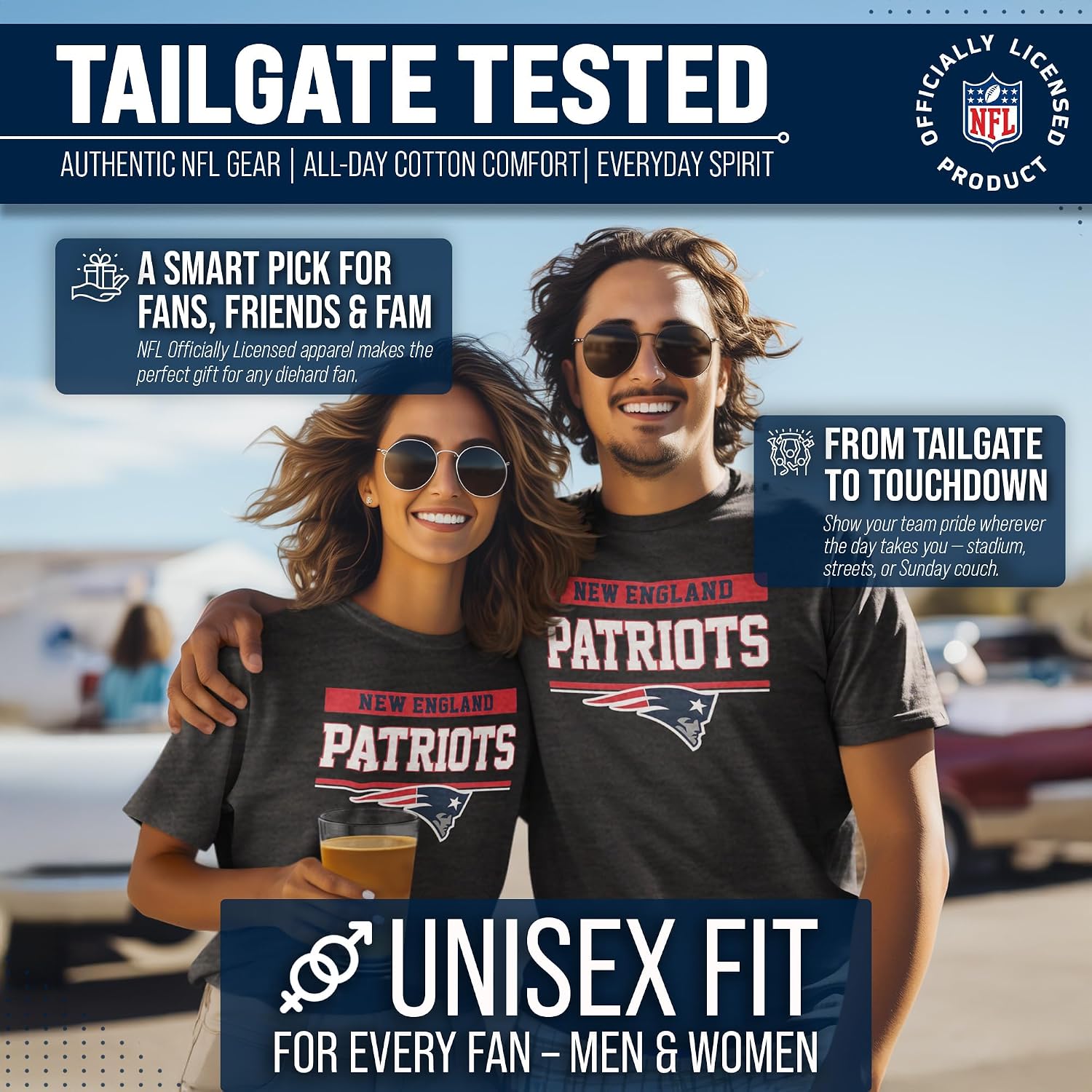 Detalle 1 de Team Fan Apparel 3001_teamblk Patriots NFL T-Shirt, Charcoal, Tagless