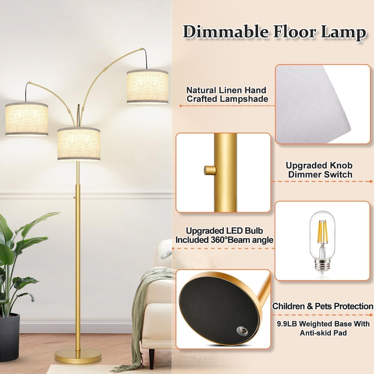 Thumbnail 3 de Nintiue F1378 Dimmable 3-Light Arc Floor Lamp, Gold with Linen Shades
